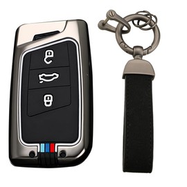 KUNIO Keyless Key Fob Cover fit for VW Arteon Passat B8 Tiguan Jetta, fit for Skoda Fabia Karoq Superb fit for Seat Ateca Metal Car Key Protection Key Fob 3 Buttons B Black