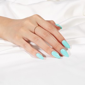 KQueenest Teal Blue Press on Nails Almond Medium Length, Almond False Nails with Glue, Glossy Solid Light Blue Fake Nails Press ons Stiletto, Reusable Soft Gel Stick on Nail for Women, 24 Pcs
