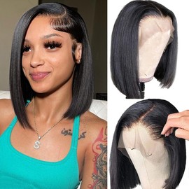 ALHER Short Bob Wig Human Hair Small Cap Lace Front Wigs Straight, 13X4 Transparent Lace Frontal Wigs 180% Density for Women, Natural Color, Cap Size 21-21.5 10 Inch
