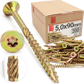 Lun Fix Chipboard Screws 5.0 x 90 mm | Pack of 200 | TX25 (I-Star) - Countersunk Head/Milling Ribs | Yellow Galvanised | Torx Screws | Wood Screws | Universal Screws | Countersunk Screws