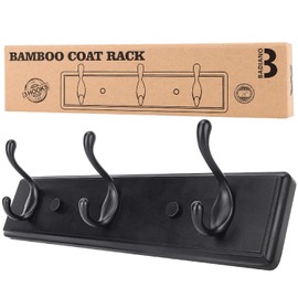Wooden Coat Rack, Wall-Mounted Organizer for Closet, Entryway, Hallway, Foyer, Bedroom, Heavy Duty Double Hooks for Hanging Towels, Bags, Hats, Jackets, Keys (Black, 3 Hooks)