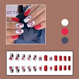 Christmas Nails Medium Press on Nails Square RIICFDD Fake Nails Red White False Nails with Candy and Christmas Tree Designs Glossy Full Cover Christmas Nails Cute Stick on Nails for Women Girls 24 Pcs
