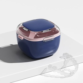 DIDATOOL Denture Case Transparent Design Denture Cup with Removable Rinse Basket, Denture Case for Cleaning, Soaking, and Storing Dentures, Mouthguards and Orthodontic Retainers (Dark blue)