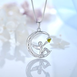 FJ Guardian Angel Pendant Necklace 925 Sterling Silver Moon Necklace August Birthstone Peridot Necklace Jewellery Gifts for Women Girls
