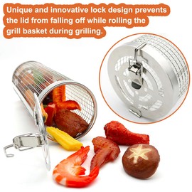 Grill Basket Set 2 Pack, Upgraded Version 304 Stainless Steel with Removable Wooden Handle, Rolling Grilling Net, BBQ Accessories Tools for Vegetables Shrimp, Camping, Gifts for Men Dad Husband