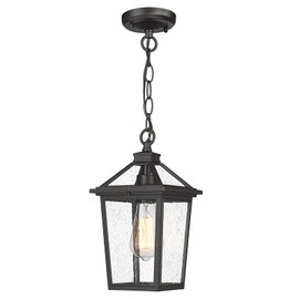 zeyu Farmhouse Outdoor Ceiling Hanging Light, 12 Inch Industrial Pendant Light Fixture for Front Porch, Die-Cast Aluminum in Black Finish with Seeded Glass, ZX58H BK