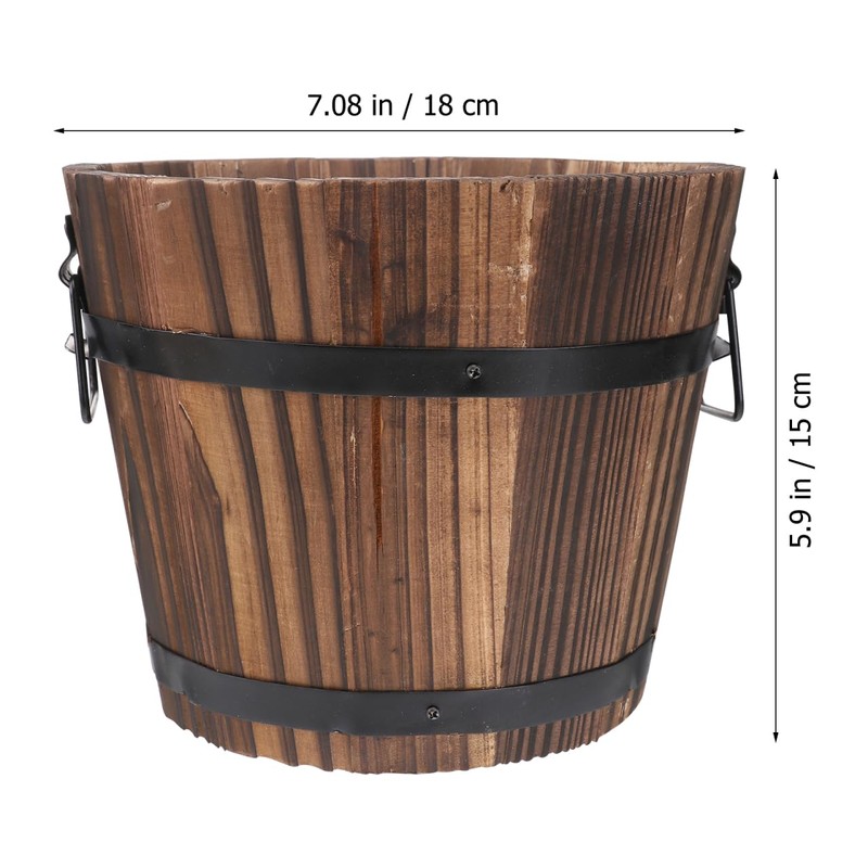 Happyyami Wooden Round Barrel Planter Retro Style Flat Mouth Flower