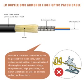 Bangun 50ft (15 Meters) OM3 LC to LC Outdoor Armored Duplex Multi Mode Fiber Optic Cable Jumper Optical Patch Cord, Multimode (50/125) with Pulling Eye Kit Installed on one end