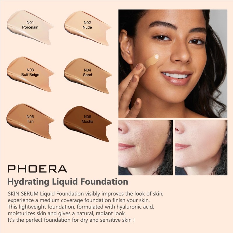 PHOERA Tinted Moisturizer Foundation Serum, 4-in-1 Hydrating, Primer, & Foundation,