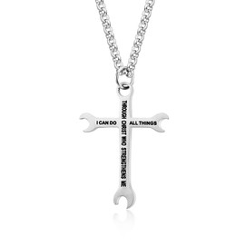 Aprila Men Wrench Cross Necklace,Stainless Steel Silver I Can Do All Things Inspiring Bible Verse Pendant Necklace Christian Jewelry,60cm Rolo Chain