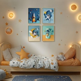 Framed Space Astronaut Cool Wall Art for Nursery Decor, 4 Piece Modern Space Themed Canvas Prints Paintings Artwork for Walls, Rocket Pictures for Bedroom, Kids Room, Baby Room, Boys Room, Bathroom Wall Decor