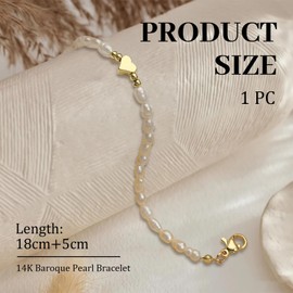 NATOSU 14K Pearl Bracelet Women's Heart Pearl Bracelet, Gold-Plated Bracelet with Pearls, Freshwater Pearls, Heart Bracelet, Gold and Silver Beads Bracelet for Women, Girls