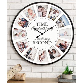 JUMBO HUMBLE 12 Photo Collage Family Quote Wood Wall Clock, Rustic Farmhouse Wall Clock, Large Oversized Wall Clock for Home, Kitchen, Living Room, Silent Battery Powered 25 Inch White