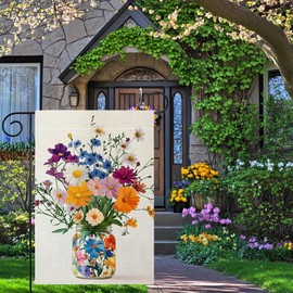 Spring Colorful Floral Mason Jar Garden Flag 12x18 Inch Double Sided Welcome Summer Daisy Flower Yard Outdoor Flag House Holiday Outside Decoration Burlap