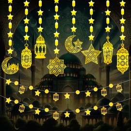 Pack of 8 Ramadan Decorative Eid Garland Decoration, Ramadan Mubarak Banner, Gold Star Moon Ramadan Decorations, Coarse Version Lantern Ornament, 4 Metres, Ramadan Kareem Decoration, Decoration for