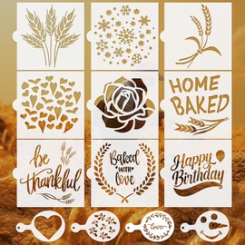 13 PCS Cookie Stencils,Reusable Artisan Bread Stencils for Sourdough 5x5 Inch, Happy Birthday Stencils for Painting on Wood, Coffee Stencils Templates Mold Tools DIY Craft Template Paint Stencils