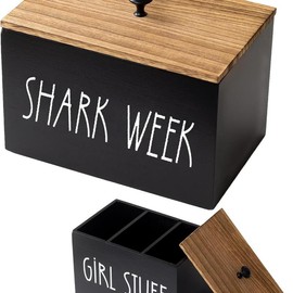 Tampon Holder for Bathroom with Lids Wood and Pad Organizer Decorative Storage Rustic Farmhouse Bins Period Women Feminine Toilet Container Rustic - Color: Black