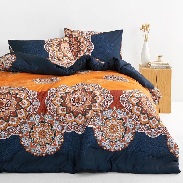 Wake In Cloud - Bohemian Comforter Set, Orange Navy Blue