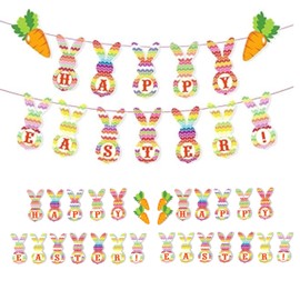 eBoutik - Large Bundle - Pack of 3 Easter Bunny Bunting - Multicoloured Rabbit & Carrot Design Garland - Garden Easter Parties Decorations or Easter Egg Hunt's - Happy Easter Hanging Decoration