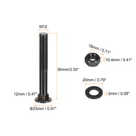 uxcell M12x90mm Square Neck Carriage Bolts with Nuts & Washers, 12Set 304 Stainless Steel Round Head Square Neck Coach Bolt Screws, Black