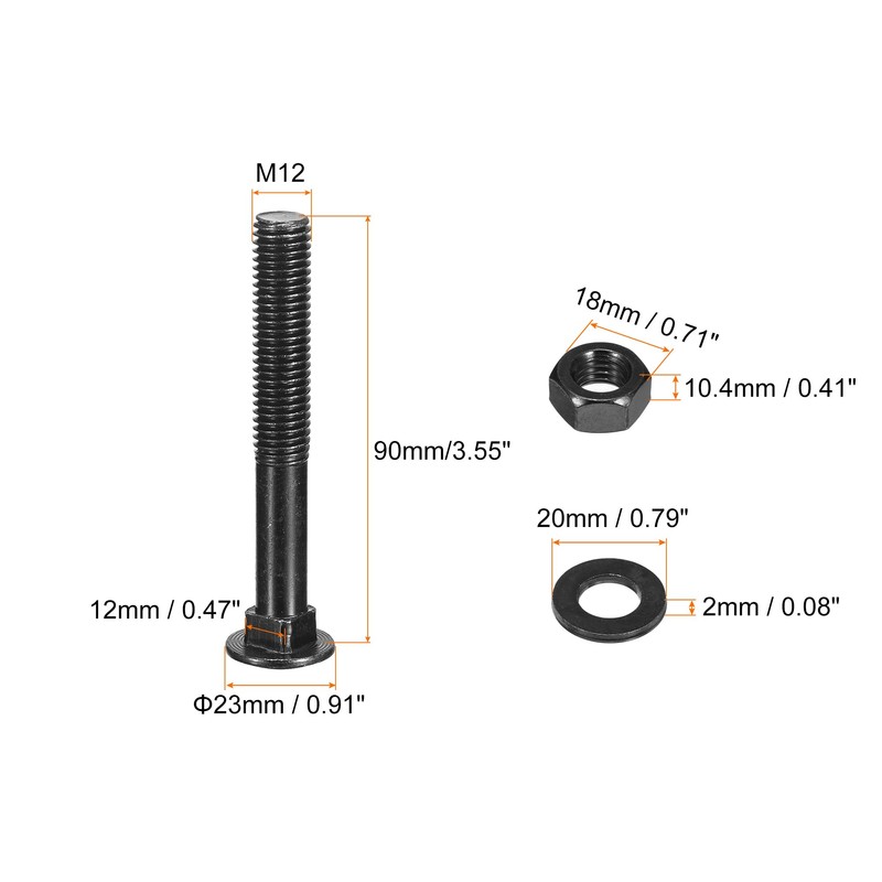 uxcell M12x90mm Square Neck Carriage Bolts with Nuts & Washers,