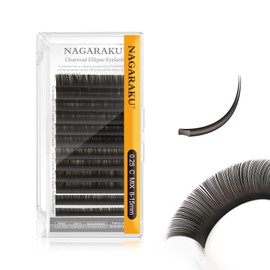 NAGARAKU Ellipse Flat Eyelash Extension Professional Double Split Tip Individual False Eyelashes for 1:1 Eyelash Extensions U-Shaped Design Charcoal Soft 12 Rows (0.25 mm C Curl 8-15 mm)