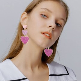 T-ztoss Cute Candy Pink Shining Love Heart Dangle Drop Earrings Fashion Bohemian Multiple Hearts Stud Earrings for Women (shiny)