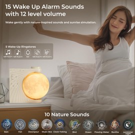 INSSISAIN Moon Lamp with Alarm Clock, 10 Calming Sounds with Colorful Light Mode, Alarm Light for Table, Bedroom, Living Room, Double Alarms, Snooze, Wake Up Light, 10 Nature Sounds, 8 Colors