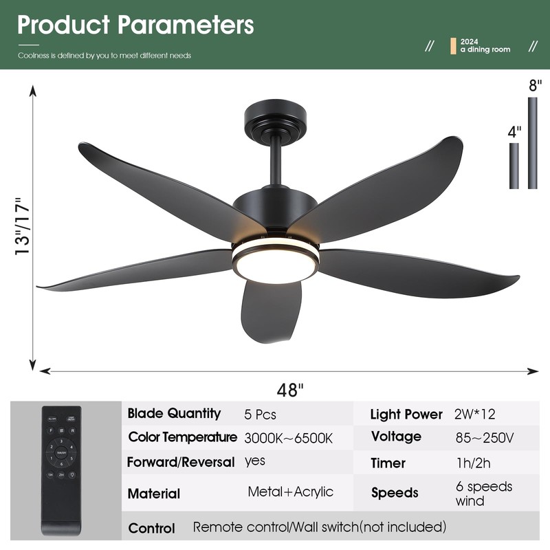 Kviflon 48" Ceiling Fans with Lights and Remote Control, Modern