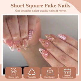 Viugex 24Pcs Pink French False Nails Medium Almond, 3D Handmade Press on Nails with Crocodile Pattern, Supremely Fit & Soft Gel Fake Nail in 12 Sizes, Natural Full Cover Stick on Nail for Women Girls