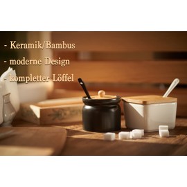 Pullmer Ceramic Sugar Bowl with Bamboo Lid and Sugar Spoon, Sugar Container (Round Black)