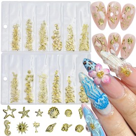 400Pcs Summer Nail Charms 3D Gold Nail Charms Cute Shells Conchs Seahorse Starfish Nail Rhinestones Nail Gems Glitter Designs Beach Nail Jewels Ocean Nail Decoration for Women Girls Acrylic Nails