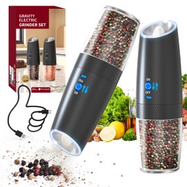 RECHARGEABLE - Gravity Electric Pepper and Salt Grinder Set, Adjustable Coarseness, With LED Light, One Hand Automatic Operation, (2 Pack Black)