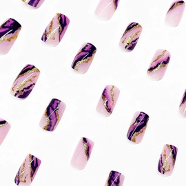 Press on Nails Medium Square, Gradient Purple Glue on Nails, 24Pcs Gold Foil Marble Designs Fake Nails Acrylic False Nails Kits for Women Manicure Decorations