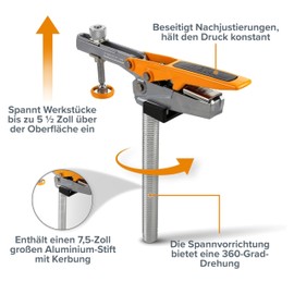 BORA Auto-Adjust Horizontal Dog Clamp with 191mm Spiral Aluminium Dog Peg - 360° Rotating Base, 140mm Clamping Height, 11-181kg Clamping Force, 250kg Load Capacity - Fits 19mm or 3/4" Holes