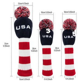 3pcs Pom Pom Golf Headcovers, #1 3 5 Golf Wood Headcovers Set, Knitted Golf Club Head Cover, Long Neck Golf Club Case Protection, Patriotism US Flag Pattern