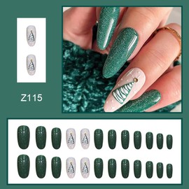 Christmas Press on Nails Almond Fake Nails Medium False Nails with Christmas Tree and Glitter Design Green Full Cover Artificial Nails Glue on Nails Stick on Nails for Women Manicure Art 24Pcs