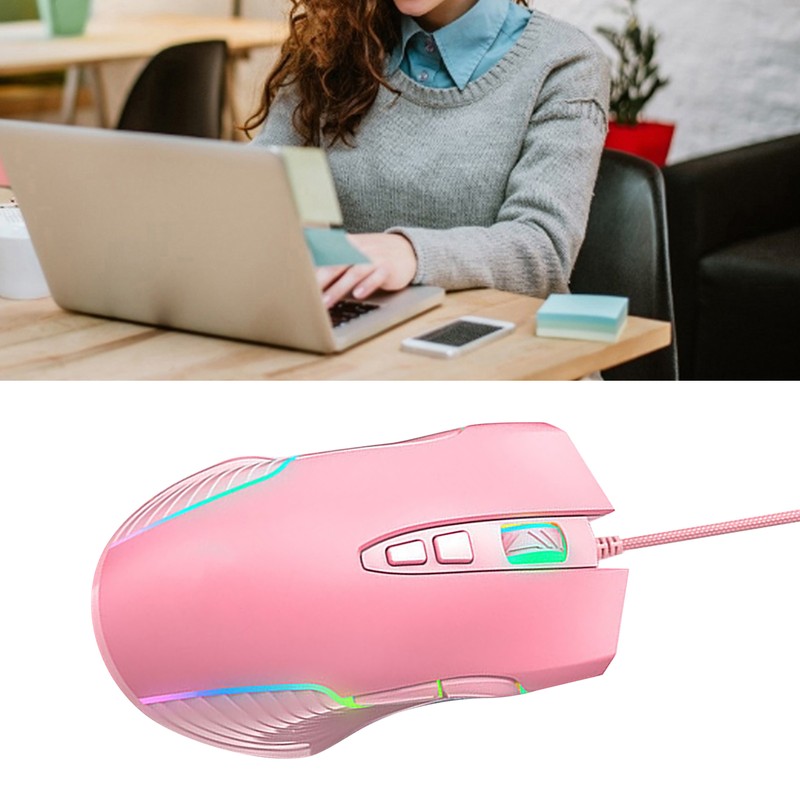 Wired Mouse Pink Ergonomic Design RGB Backlit Motion Detection 5.9ft