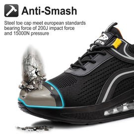 TOLHE Work Shoes, Men's Safety Shoes, Women's Lightweight Steel Toe Caps, Non-Slip Protective Shoes, 36-46 EU, black silver