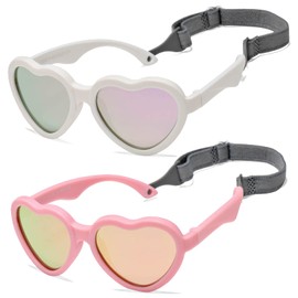 Hycredi Baby Heart Shaped Sunglasses - with Strap Adjustable Polarized Shades for Newborn Infant Age 0-24 Months - (White + Pink