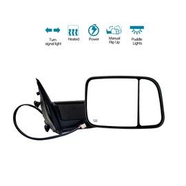BOOLEE Passenger Right Side Tow Mirror Compatible with 2009-2018 Dodge Ram 1500 2500 3500 with Turn Signal Light Puddle Lamp Power Heated Pickup Truck Towing Mirror Black RH