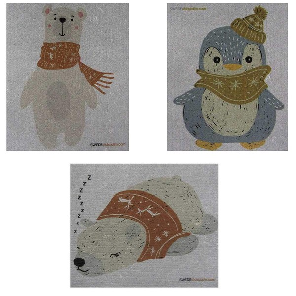 Mixed Winter Animals On Gray Set of 3 Swedish Dishcloths (One of Each Design) | ECO Friendly Absorbent Cleaning Cloth | Reusable Cleaning Wipes