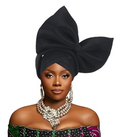 SYANKANGXIAO African Turban Cap for Women Nigeria Auto Gele Exaggerated Big Bowknot Headwraps Wedding Party Headwear Hat Black