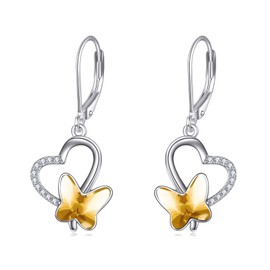 AOBOCO Butterfly Earrings Women's 925 Sterling Silver Leverback Heart Earrings Dangle Drop with Crystal from Austria Birthday Jewellery Gifts for Women Girls Wife Girlfriend, Sterling Silver, Crystal
