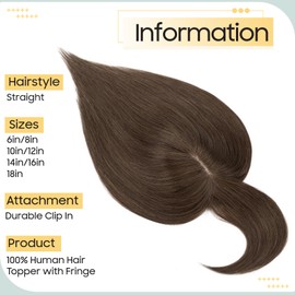 S-noilite Human Hair Toppers With Bang for Thinning Hair Women Real Hair Topper Clip In Hair Extensions 100% Remy Real Human Hair 38g（#2-1 Dark Green Brown, 12 Inch)