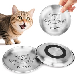 2 Pcs Cat Bowl Stainless Steel Dish - Whisker Friendly Shallow Cat Food Plate with Anti-Slip Base - Easy Clean Feeding Bowls for Indoor Cats, Wet Food (Patterns,Yummy)