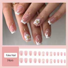 BQZQPAMZ White French Tip Press on Nails White Flower Short Square False Nails With Gold Mini Rhinestone Design Spring Floral Stick on Nails Reusable Acrylic Nails for Women Nail Art Supplies