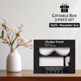 Market Fresh Beauty Mulberry Silk Pillowcase Gift Set, Eye Mask, Pillowcase, and Scrunchie for Gentle Sleep Reducing Breakage, Tangles, Creases, and Wrinkles - Queen Size - White