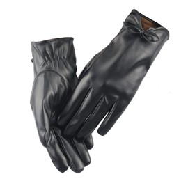 Long Keeper Women PU Leather Touchscreen Gloves Winter Soft Warm Ladies Women Leather Gloves Touch Screen Texting Cycling Driving Gloves with Bowknot