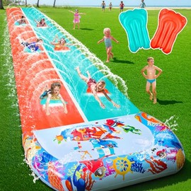 46FT Double Slip and Water Slides for Kids Adults Backyard, Extra Long Lawn Water Slides with 2 Bodyboards, Heavy Duty, Giant Inflatable Water Slip Toys with Crash Pad for Summer Outdoor Party